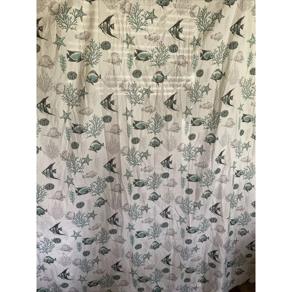 Shower Curtain & Hooks Seaside Starfish Sea Shell Fabric Teal White Gray Texture